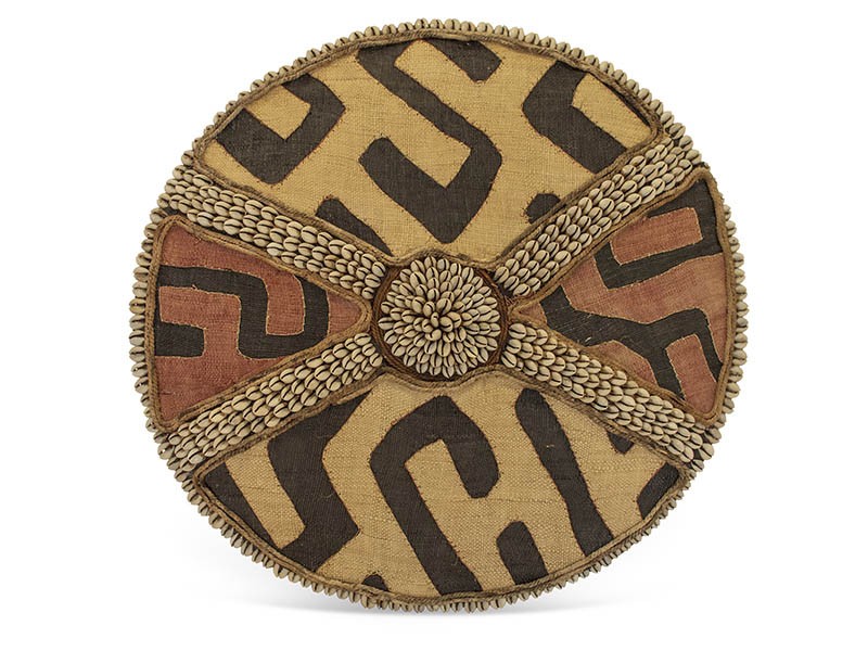 Bamileke Shield With Kuba Cloth And Cowrie Cross Design